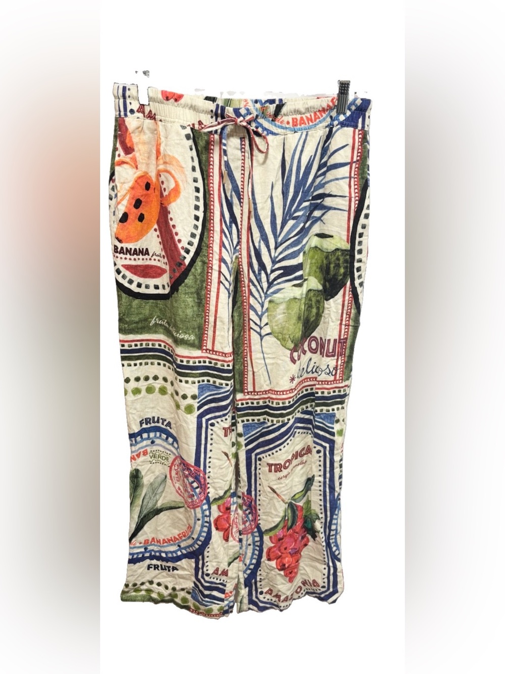 Rachel Zoe Cream Tropical Fruit Print Wide Leg linen Pants - Picture 2 of 9